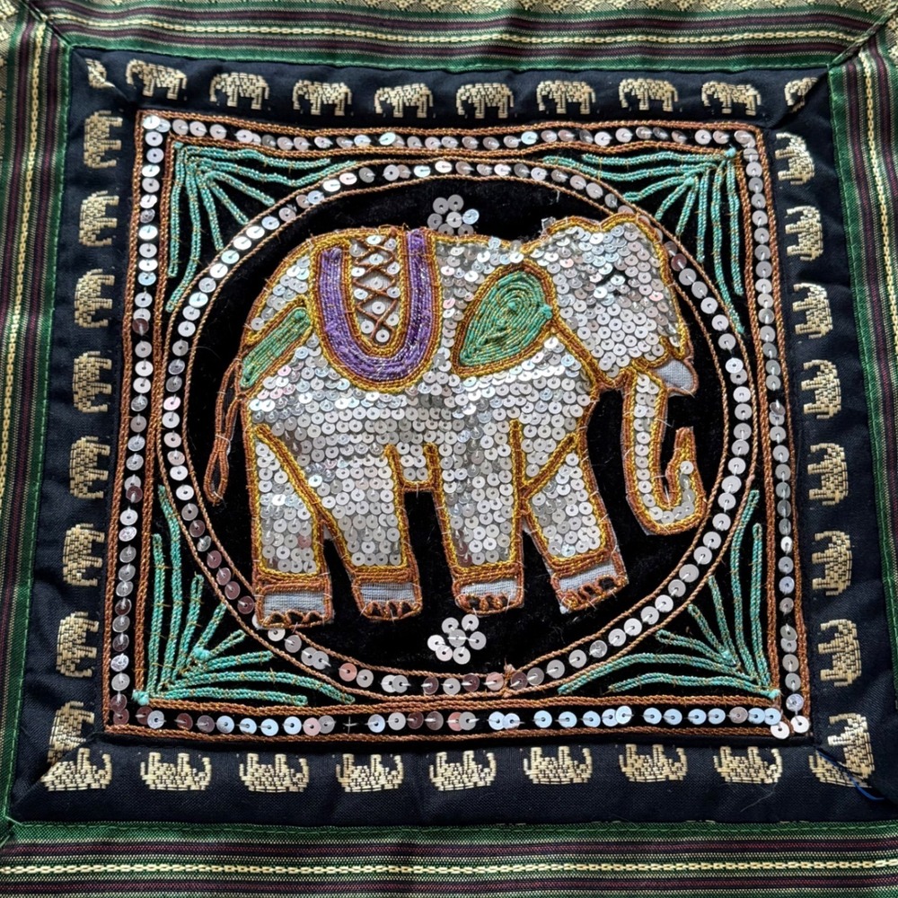 FLAW Thai Elephant Pillow‎ Cover Sequin Beaded Embroidered 14x14 Green Gold Boho